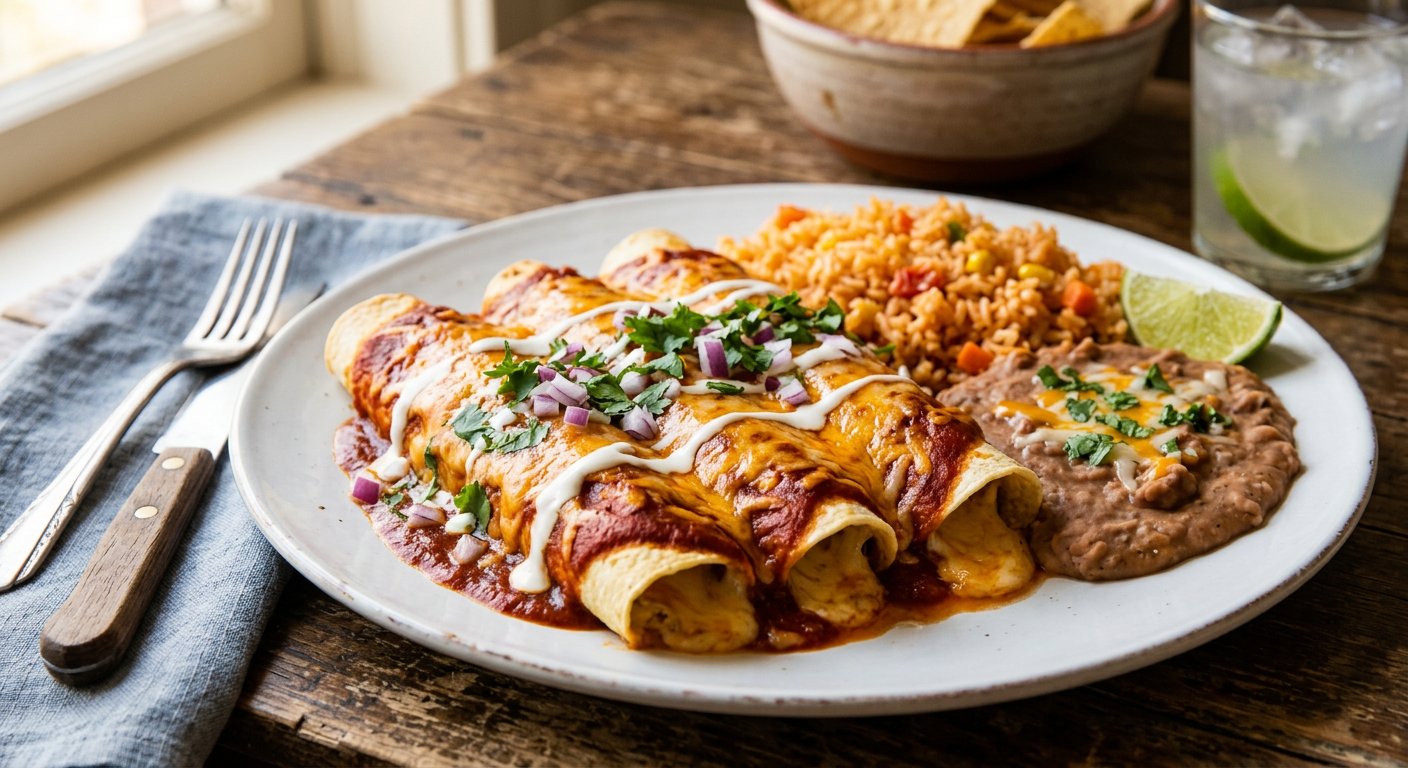 Tex-Mex enchiladas with rice and beans from Rigo's Cafe