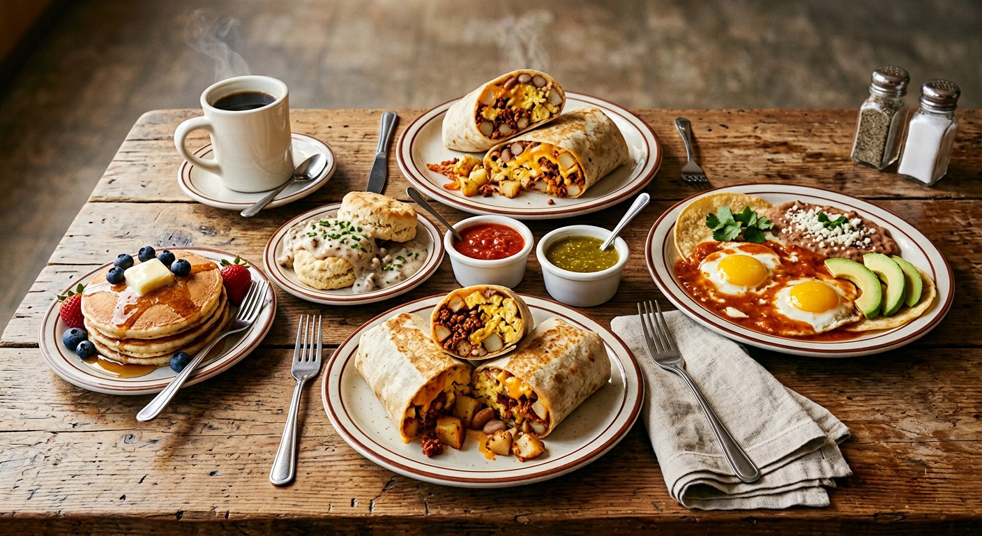 A spread of Rigo's Cafe breakfast plates: breakfast burritos, huevos rancheros, biscuits and gravy, pancakes and coffee